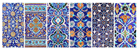 Set of vertical or horizontal banners with detail of ancient mosaic walls with floral and geometric ornaments. Collection of backgrounds with traditional iranian tile decorationsの写真素材