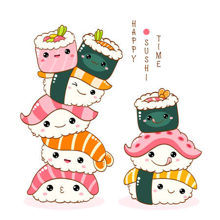 Stack of cute sushi and rolls in kawaii style with smiling faces. Japanese traditional cuisine dishes. Can be used for t-shirt print, sticker, greeting card, menu design. Vector illustration EPS8のイラスト素材