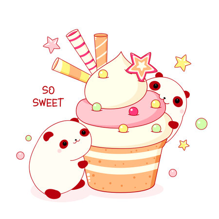 Cute animals in kawaii style. Two funny fat pandas with cupcake. Inscription So sweet. Can be used for t-shirt print, stickers, greeting card design. Vector illustration EPS8のイラスト素材