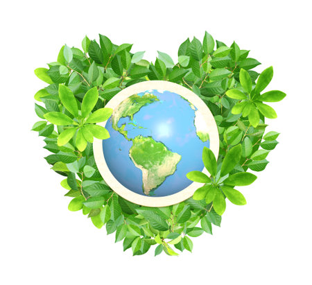 3d Earth planet and heart made from green leaves. Isolated on white background. Eco, bio, zero waste concept. Recycled carton material.の写真素材