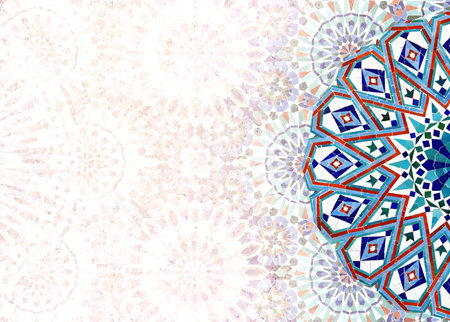 Detail of traditional persian mosaic wall with geometrical and floral ornament, Iran. Horizontal or vertical background with ceramic tile. Mock up template. Copy space for textの写真素材