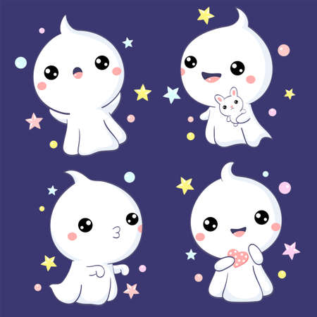 Set of cute ghosts with different emotions in kawaii style. Halloween collection of little ghosts with toy, pink heart. Vector illustration EPS8のイラスト素材