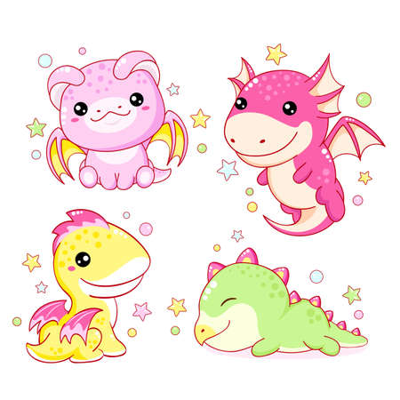 Set of kawaii fairy tale characters. Little dragons in various poses  - flying, sitting, smiling, sleeping. Collection of funny happy baby dragons. Cute fairytale collection. Vector EPS8のイラスト素材