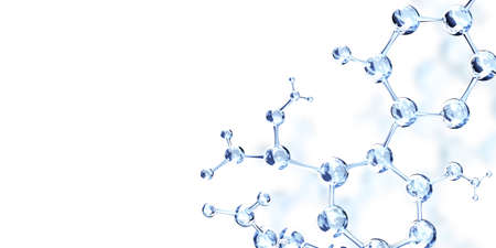 Horizontal banner with models of abstract molecular structure. Isolated on white background. Copy space for your text. 3d renderの写真素材