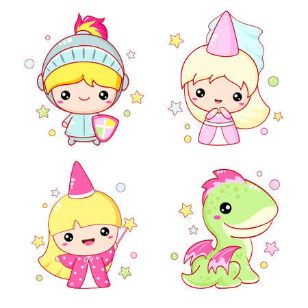 Set of kawaii fairy tale characters. Little princess, knight, fairy and dragon. Cute fairytale collection of funny happy baby characters. Vector illustration EPS8のイラスト素材