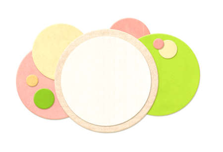 Round paper labels with cardboard texture of retro colors. Horizontal banner with eco paper cut overlapping circles. Recycled carton material label. Copy space for text. Mock up templateの写真素材