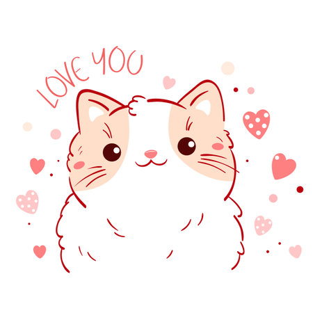 Cute Valentine card in kawaii style. Lovely cat with pink hearts. Inscription Love you. Can be used for t-shirt print, stickers, greeting card design. Vector illustration EPS8のイラスト素材