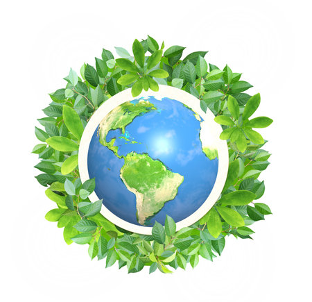 3d Earth planet and green leaves. Isolated on white background. Eco, bio, zero waste concept. Recycled carton material.の写真素材