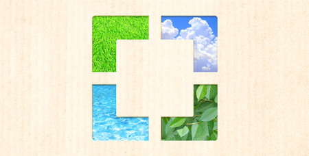 Nature resource and cardboard texture. Horizontal banner with eco paper texture and grass, sky, water. Ecology and zero waste concept. Global ecological resource. Copy space for text. Mock up templateの写真素材