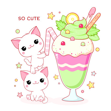 Cute yummy card in kawaii style. Two lovely cats with milk shake. Inscription So cute. Vector illustration EPS8のイラスト素材