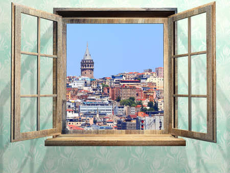 View of Istanbul, Galata tower and Bosphorus through window. City view room. Travel, resort, vacation and holiday concept. Beautiful Istanbul view at window in resort. 3d renderの写真素材