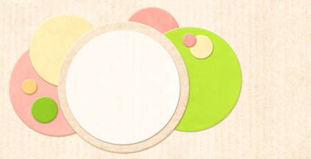 Round paper labels with cardboard texture of retro colors. Horizontal banner with eco paper cut overlapping circles. Recycled carton material label. Copy space for text. Mock up templateの写真素材