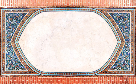 Detail of traditional persian mosaic wall with geometrical and floral ornament, Iran. Horizontal frame with ceramic tile of blue, cian, brown and white colors. Mock up template. Copy space for textの写真素材