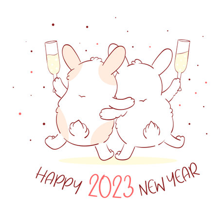 Two cute fat rabbits with champagne celebrating the New Year. Inscription Happy 2023 New Year. Square holiday card with animal - symbol of year according to Chinese calendar. Vector illustration EPS8のイラスト素材