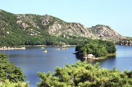Ancient pavilion on Samil lake (Samil-po), Kangwon Province, in south-eastern North Korea (DPRK)の写真素材