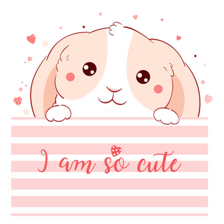 Cute Valentine card in kawaii style. Lovely bunny with pink hearts. Inscription I am so cute. Can be used for t-shirt print, stickers, greeting card design. Vector illustration EPS8のイラスト素材