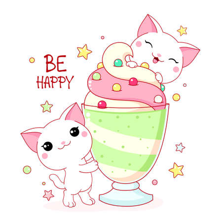 Cute yummy card in kawaii style. Two lovely cats with milk shake. Inscription Be happy. Vector illustration EPS8のイラスト素材