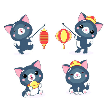 Happy New 2023 Year of the Black Water Cat. Set of cute little cats in kawaii style. Kittens with oriental lanterns, gold ingot, in caps. Isolated on white background. Vector illustration  EPS8のイラスト素材