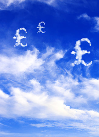 Money making. Great Britain pound sterling sign in the clouds. Cloud shaped as GBP currency symbol. British pound symbol made of cloud. Business, development and prosperity conceptの写真素材