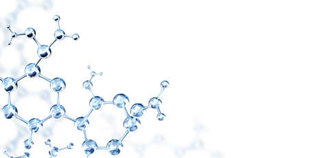 Horizontal banner with model of abstract molecular structure. Background of white color with glass atom model. Copy space for your text. 3d renderの写真素材