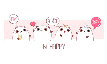 Be happy. Horizontal border with cute baby pandas in kawaii style. Funny fat pandas for design of t-shirt, poster, print, greeting card. Inscription Have a nice day. Vector illustration EPS8のイラスト素材