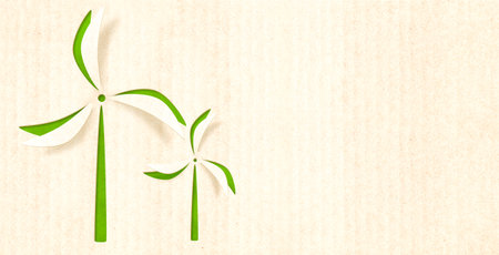 Ecology, nature and clean alternative energy concept. Wind turbines on cardboard texture. Horizontal banner with eco paper texture. Recycled carton background. Copy space for text. Mock up templateの写真素材