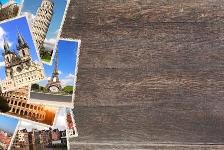 Vintage travel background with retro photos of european landmarks on old wooden boards of light brown color. Horizontal banner with old photo. Mock up template. Copy space for textの写真素材