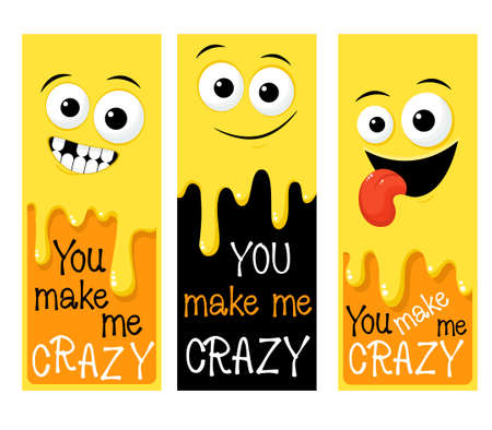 Set of vertical banner, flyer, placard with funny emoji. Crazy face emoticon. Inscription You make me crazy. Poster, card, sticker for greeting, congratulation, invitation. Vector illustrationのイラスト素材