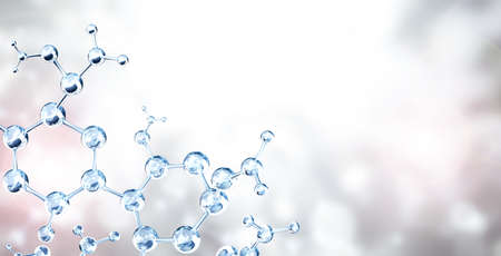 Horizontal banner with model of abstract molecular structure. Background of gray color with glass atom model. Copy space for your text. 3d renderの写真素材