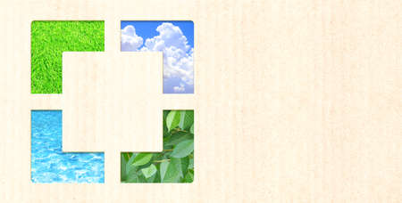 Nature resource and cardboard texture. Horizontal banner with eco paper texture and grass, sky, water. Ecology and zero waste concept. Global ecological resource. Copy space for text. Mock up templateの写真素材