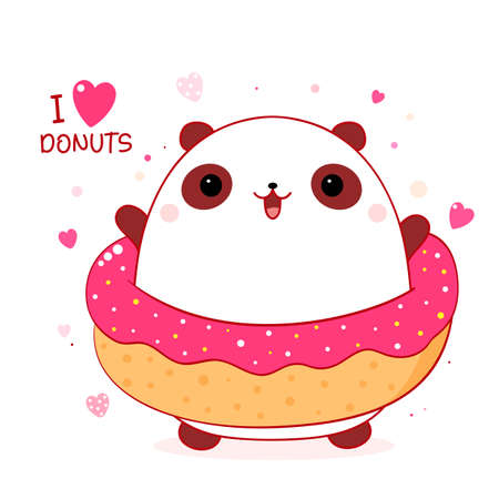 Cute little panda with donut. Square card with lovely fat panda and sweet bakery. Inscription I love donuts. Vector illustration EPS8のイラスト素材