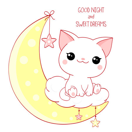 Cute baby cat on moon. Good night and sweet dreams. Little white kitten on crescent. Can be used for for childish t-shirt prints, nursery poster,  baby shower greeting card. Vector illustration EPS8のイラスト素材