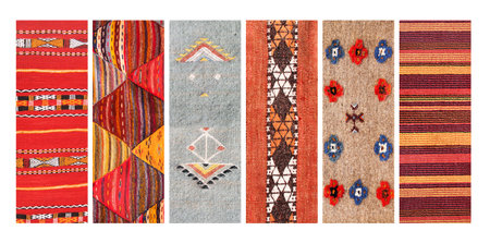Set of vertical or horizontal banners with textures of berber traditional wool carpet with geometric pattern, Morocco, Africaの写真素材
