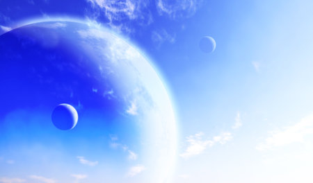 Horizontal banner with fantastic blue sky, white clouds and three planets. 3d render.の写真素材