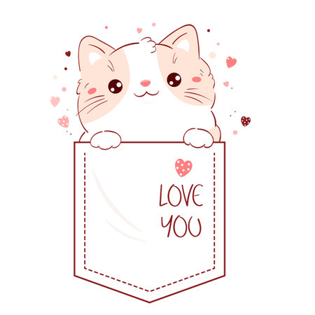 Cute Valentine card in kawaii style. Lovely cat in pocket. Inscription Love you. Baby print with kitty in pocket. Childish print with funny pet for t-shirt design. Vector illustration EPS8のイラスト素材