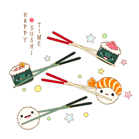 Stack of cute sushi and rolls in kawaii style with smiling faces. Japanese traditional cuisine dishes. Can be used for t-shirt print, sticker, greeting card, menu design. Vector illustration EPS8のイラスト素材