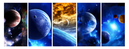 Set of vertical space banners with planets, nebula and stars. 3d renderの写真素材