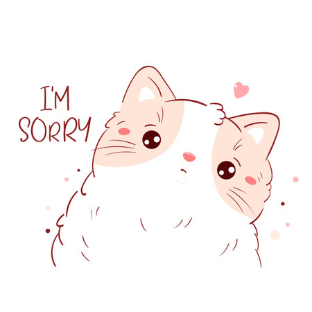 Apologize card. Sad fat cat with pink heart. Inscription I'm sorry. Cute kitten apologize. Vector illustration EPS8のイラスト素材