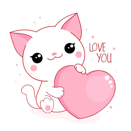 Cute Valentine card in kawaii style. Little white cat with big pink heart. Inscription Love you. Can be used for t-shirt print, stickers, greeting card design. Vector illustration EPS8のイラスト素材