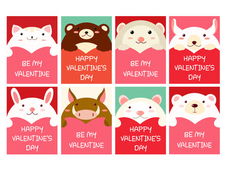 Set of vertical Valentine's day cards with cute animals. Baby collection of gift tag with animal. Template holiday banner, sticker for decoration, congratulation, invitation. Vector illustration EPS8のイラスト素材