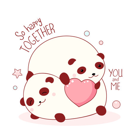 Two happy fat pandas with pink heart. Inscription So happy together. Square Valentine card. Funny quote for card, invitation, poster, t-shirt. Vector illustration EPS8のイラスト素材