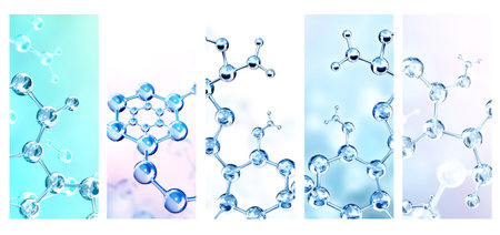 Set of vertical banners with models of abstract molecular structure. Collection of backgrounds with glass atom model. Copy space for your text. Mock up template. 3d renderの写真素材