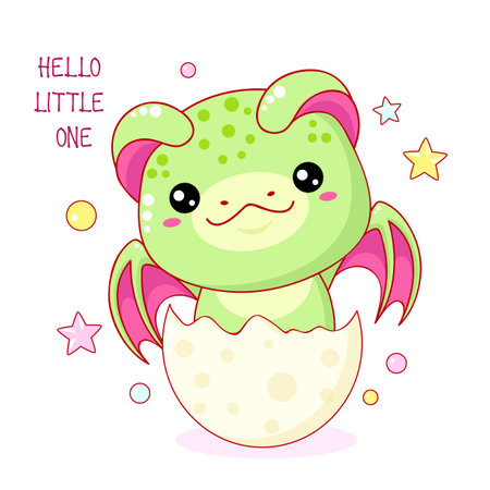 Baby shower invitation template. Cute newborn dragon in egg. Inscription Hello little one. Can be used for invitations, birthday greeting card. Vector illustration EPS8のイラスト素材