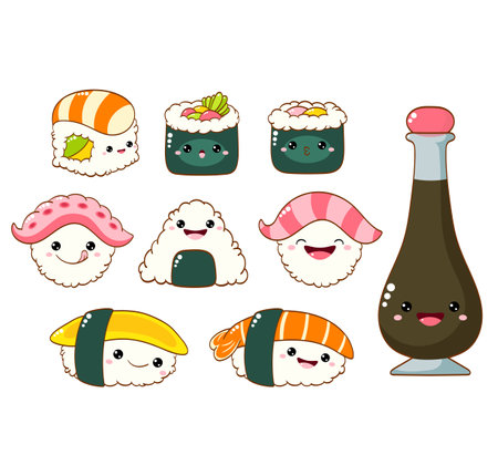 Set of cute sushi and rolls in kawaii style with smiling face and pink cheeks. Japanese traditional cuisine dishes. Temaki, soy sauce, nigiri, tamago, uramaki, futomaki. Vector illustration EPS8のイラスト素材