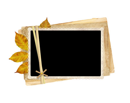 Retro photo and autumn leaf. Vintage elements for scrapbooking. Isolated on white background. Mock up template. Copy space for textの写真素材