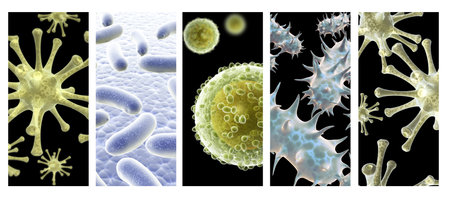 Collection of horizontal or vertical banners with pathogenic bacterias and viruses. Virus under microscope. Fast multiplication of bacteria. Infection and microbe. 3d renderの写真素材
