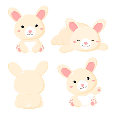 Happy New 2023 Year of the Water Rabbit. Set of cute cartoon bunny in various poses. Isolated on white background. Collection of funny rabbits -  sitting and sleeping. Vector illustration EPS8のイラスト素材