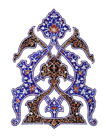 Detail of ancient mosaic walls with floral and geometric ornaments. Ceramic element with traditional iranian tile decorations. Isolated on white backgroundの写真素材