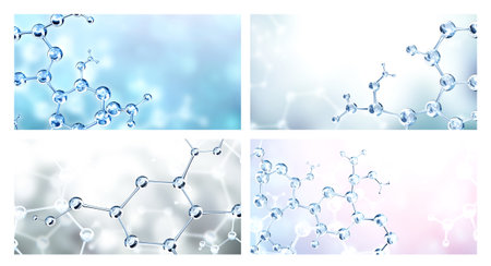 Set of horizontal banners with models of abstract molecular structure on blue background. Copy space for your text. Mock up template. 3d renderの写真素材