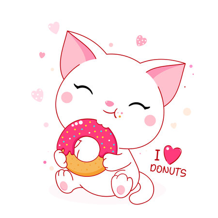 Cute baby card with cat in kawaii style. Little white kitty happy eat donut. Inscription I love donuts. Can be used for t-shirt print, stickers, greeting card design. Vector illustration EPS8のイラスト素材